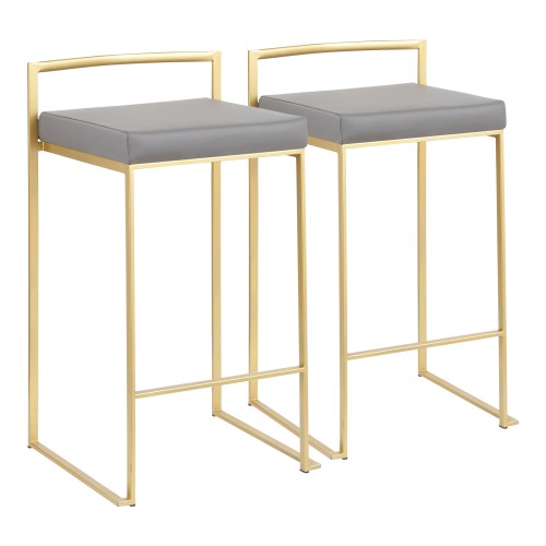 Fuji Stacker Counter Stool (Gold Metal + Grey Faux Leather) - Set of 2